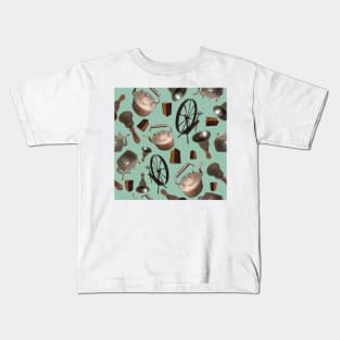 Bells, Books, Spinning Wheels and Kettles on Green Kids T-Shirt